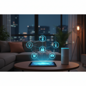 Guia visual sobre como iniciar uma casa inteligente, mostrando um ambiente residencial moderno com ícones de automação que representam os gadgets essenciais para iniciantes.