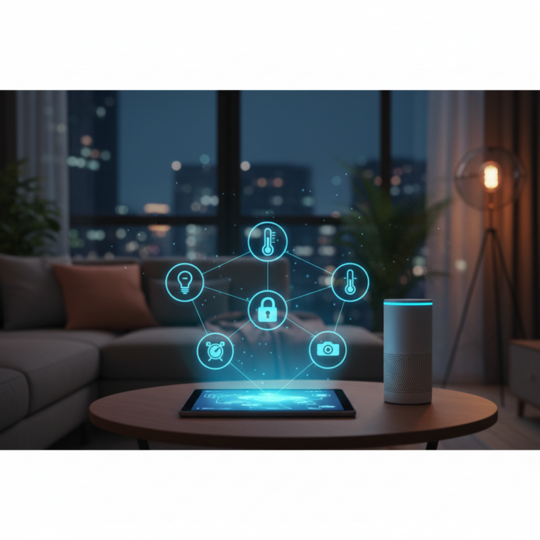 Guia visual sobre como iniciar uma casa inteligente, mostrando um ambiente residencial moderno com ícones de automação que representam os gadgets essenciais para iniciantes.