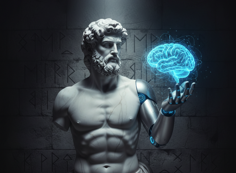 Estátua grega de mármore com uma mão robótica segurando um holograma de cérebro de circuitos, com um fundo escuro com símbolos antigos.