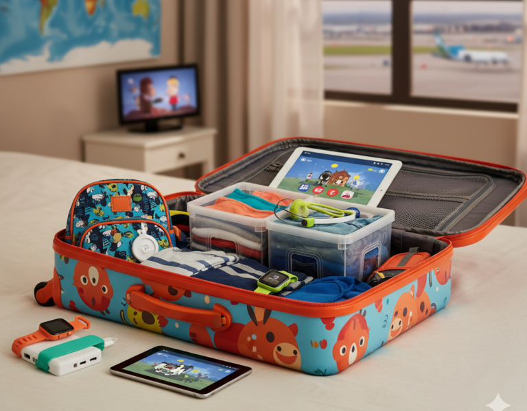 Mala organizada cheia de gadgets, após planejar uma viagem em família