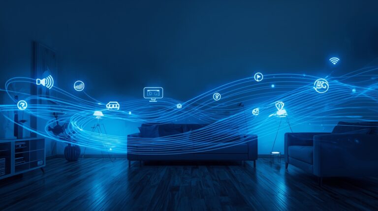 Ondas de luz azul e branca representando os benefícios do Wi-Fi 7, conectando ícones de streaming, jogos e casa inteligente em um ambiente moderno.
