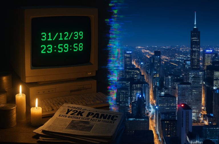 Montagem conceitual sobre o Bug do Milênio, mostrando um computador antigo com a data de 1999 ao lado de uma cidade moderna e funcional, simbolizando a crise evitada.