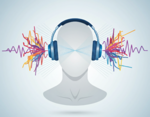 Ilustração conceitual de ondas mostrando sonoras caóticas sendo neutralizadas ao se aproximarem de uma pessoa usando fones com cancelamento de ruído.