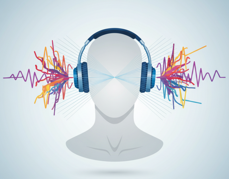 Ilustração conceitual de ondas mostrando sonoras caóticas sendo neutralizadas ao se aproximarem de uma pessoa usando fones com cancelamento de ruído.
