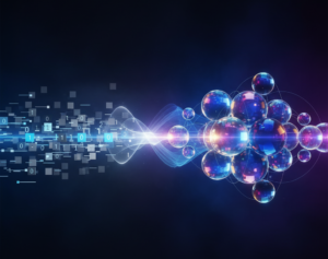 Representação abstrata comparando bits clássicos (0s e 1s lineares) com qubits quânticos (esferas brilhantes em superposição e entrelaçadas).