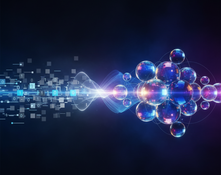 Representação abstrata comparando bits clássicos (0s e 1s lineares) com qubits quânticos (esferas brilhantes em superposição e entrelaçadas).