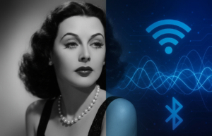 Montagem artística mostrando Hedy Lamarr, estrela de Hollywood, e uma representação gráfica da tecnologia de salto de frequência que ela inventou, base do wi-fi e bluetooth.