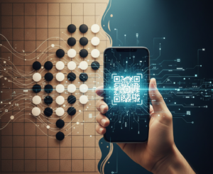 Montagem mostrando a transição de um antigo tabuleiro de Go para um smartphone moderno escaneando um QR Code, simbolizando a história da tecnologia.