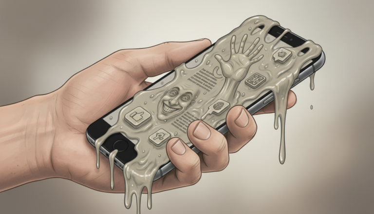 Uma mão humana segura um smartphone de onde transborda uma lama digital gosmenta, simbolizando o "AI slop" que polui a internet.