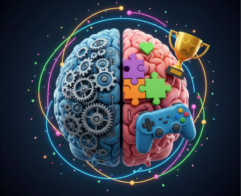 Ilustração de um cérebro humano dividido em duas metades: uma com engrenagens e outra com ícones de jogos, conectadas por linhas de luz.