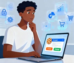 Uma pessoa sentada em frente a um laptop, analisando um pop-up de consentimento de cookies com ícones digitais flutuando ao seu redor.