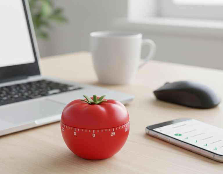 Um cronômetro de cozinha vermelho em formato de tomate, representando a técnica Pomodoro, sobre uma mesa de trabalho moderna com um notebook e café.