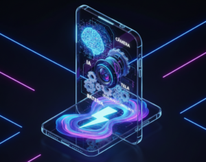 Ilustração isométrica de um celular transparente mostrando representações conceituais de tecnologias smartphone 2025: IA, câmera, tela, bateria e design em seu interior.