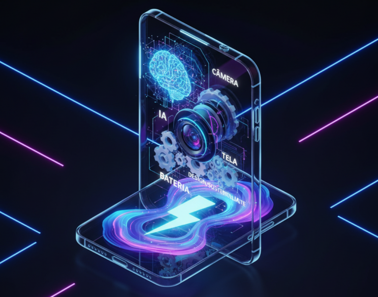 Ilustração isométrica de um celular transparente mostrando representações conceituais de tecnologias smartphone 2025: IA, câmera, tela, bateria e design em seu interior.