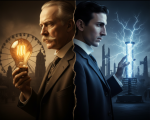Montagem conceitual da Guerra das Correntes, mostrando Thomas Edison com uma lâmpada DC de um lado e Nikola Tesla com eletricidade AC do outro.