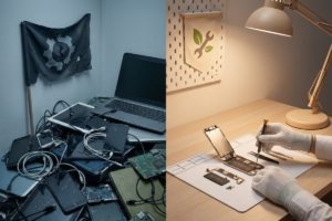 Uma montagem contrastando uma pilha de lixo eletrônico descartado à esquerda com mãos consertando um smartphone aberto à direita, simbolizando a obsolescência programada versus o direito ao reparo.