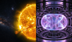Representação artística comparando o Sol no espaço com o interior de um reator de fusão nuclear Tokamak gerando plasma brilhante.