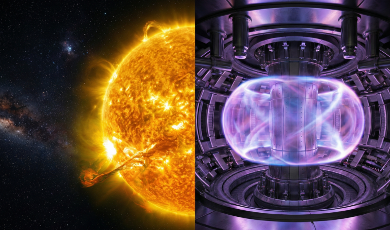 Representação artística comparando o Sol no espaço com o interior de um reator de fusão nuclear Tokamak gerando plasma brilhante.
