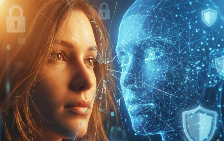 Rosto humano olhando para um reflexo digital distorcido feito de linhas de código, simbolizando deepfakes e phishing com IA.