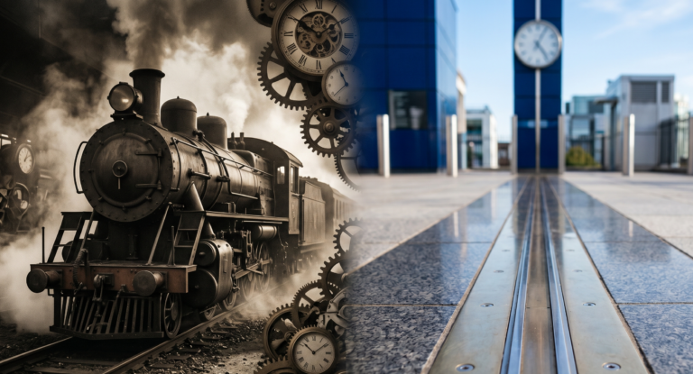 Composição mostrando um trem a vapor e ferramentas antigas em transição para a linha brilhante do Meridiano de Greenwich, simbolizando a padronização do relógio com a invenção dos fusos horários.