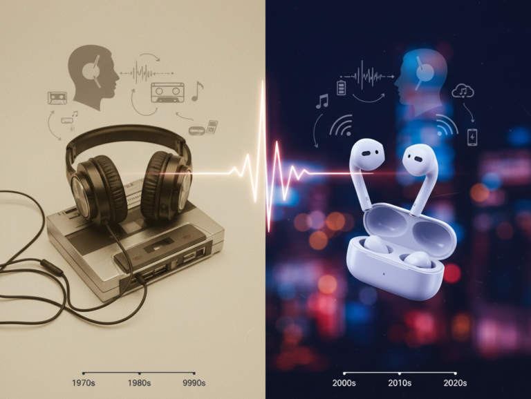 Capa de blog dividida: à esquerda, fones de ouvido antigos sobre um tocador de fita cassete; à direita, fones modernos sem fio flutuam em um cenário urbano noturno, simbolizando a evolução da tecnologia.