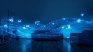 Ondas de luz azul e branca representando os benefícios do Wi-Fi 7, conectando ícones de streaming, jogos e casa inteligente em um ambiente moderno.